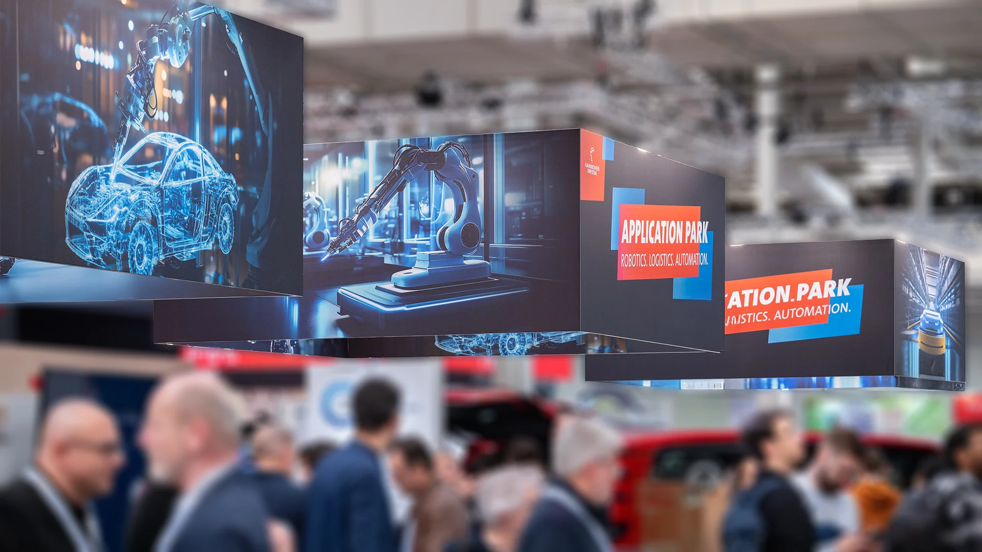 Hannover Messe — Application Park, LED-Flächen mit KI-gestützten Motiven